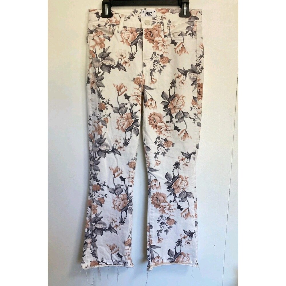 PAIGE Floral White Jeans with Beige and Gray Blooms